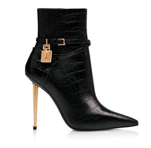 Winte Top Design Padlock Leather Ankle Boots Lock & Key Buckled Straps Women Metal Stiletto Heels Fashion Lady Pointed Toe Lady Booties35-43