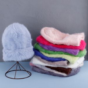 BeanieSkull Caps fashion Rabbit Fur Beanies Soft Warm Fluffy Bright silk Winter Hat for Women Skullies Bonnet cap 221122