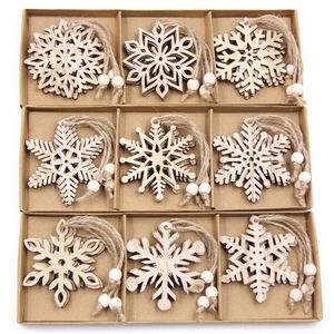 Christmas Decorations Toy Supplies 12PCSBox Vintage Snowflake Wooden Pendants Ornaments Tree 221123