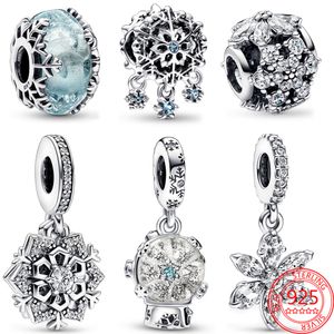 O novo popular 925 prata esterlina inverno série floco de neve charme contas de vidro azul bola de neve pingente de anjo pandora pulseira jóias femininas presente de natal