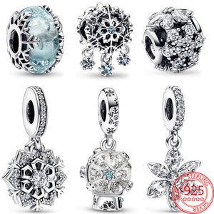 Den nya populära 925 sterling silver vinterserien Snowflake Charm Blå glaspärlor Snowball Angel Hänge Pandora Armband Damsmycken Julklapp