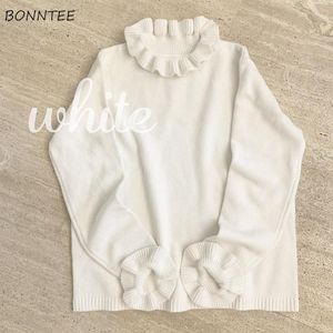 Women's Sweaters Women Kawaii Ruffles Design College Solid Chic Girls Sweater All-match Ulzzang Simple Soft Long Sleeve Ladies Knitwear 221123