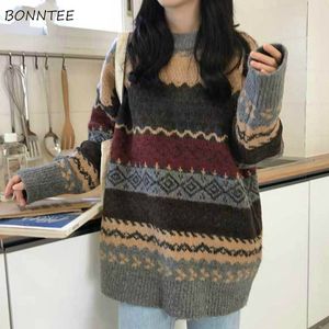 Women's Sweaters Pullovers Women Vintage Loose Casual Geometric Retro Lazy Female 4XL Harajuku Korean Style Womens Ulzzang Chic Tops 221123