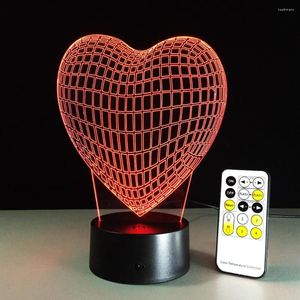 Luci notturne A Heart 3D Stereo Illusion Lampada Acrilico LOVE Table Remote USB Touch Switch 7 Cambia colore Soggiorno Decorativo