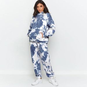 Frauen S zwei -teilige Hosen Herbst Winterstück Tracksuits Blue Tie Färben Sportanzüge Langarm Hoodies mit Taschenjogger Jogginghose Set 221123