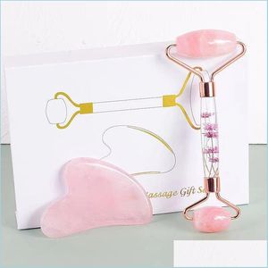 Massageador de rosto atacado rolo de rosto masr gua sha conjunto de presentes de ferramentas naturais ritos rosa rolos rolos de pescoço lençamento facial cuidados de saúde mas d dhahi