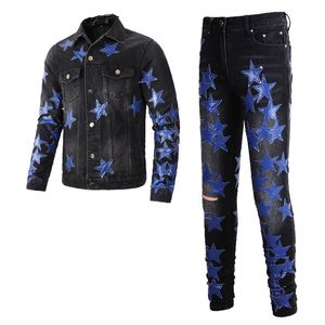 Black Tracksuits Ripped Holes Men's Sets Spring Punk Style Star Patch Long Sleeve Denim Jacket Mathcing Stretch Skinny Jeans Two-piece-set