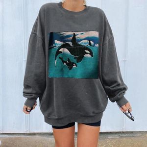 Kvinnors hoodies Kvinnors tröjor harajuku Kläder Kvinnor toppar Ocean Whale Printing Casual Long Sleeve Lady Anime Sweatshirt