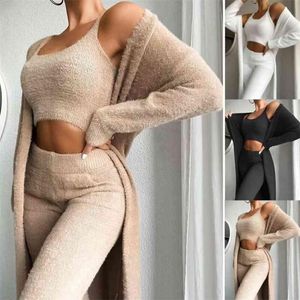 Ny kvinnors sömnkläder lounge slitage Set Women 3 -stycken Tracksuits Fleece Pyjamas Set Female Nightwear Cardigan Sleepwear Sexig underkläder