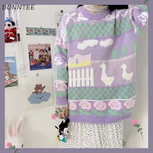 Suéteres femininos Mulheres Sweet Ins Purple Flowers Design vintage College Girl Knitwear