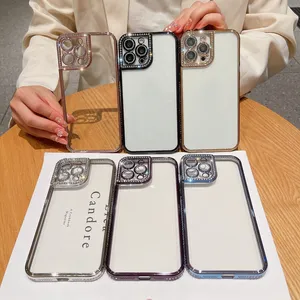 블링 반짝이 유리 카메라 렌즈 iPhone 15 Pro 14 Pro Max 13 12 11 소프트 TPU 도금 다이아몬드 모조 다이아몬드 명확한 크롬 메탈 폰 백 커버