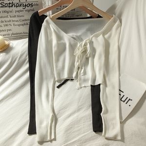 Women's Knits Tees All-match Cardigan Women Daily Summer Sunproof Chic Cropped Cardigans Fashion White Simple Cute Top Harajuku Lace Up Elegant 221123