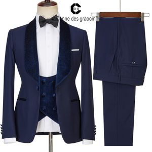 Mens Suits Blazers Cenne des Graoom Design Navy Blue Shiny Velvet Lapel For Men Giftwedding Party Blazer Vest Trousers 3 Pieces Set 221123