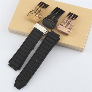 Watch Bands Black 29 19mm Convex Mouth Rubber Watchband For HUBLO T Big Ban G Stainless Steel Deployment Clasp Strap239V