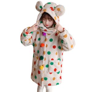 코트 십대 소녀 귀여운 컬러 폴카 도트 프린트 코트 가을 모직 모피 후드 재킷 어린이 패션 겉옷 한국 의류 4 14yrs 221122