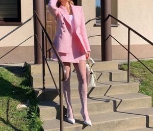 Two Piece Dress XEASY Women Two piece Set Pink Tweed Vintage Office lady Double Breasted Blazer Female Slim High Waist Culottes Skirt Suit 221122