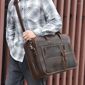 Briefcases Men Briefcase Vintage Luxury Real Leather Messenger Shoulder Portfolio 17 Inch Laptop Bag A4 Documents Office Work Bags