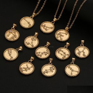 Anhänger Halsketten 12 Sternzeichen Halskette Goldkette Kupfer Waage Kristall Münze Anhänger Charm Star Choker Astrologie Halsketten für Wo Dhiwa