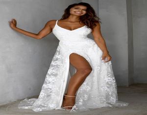 Lace Spaghetti Straps Boutique High Slit Boutique BOM Vestido de noite 2022 Boho Aline Vneck Beach Dresses Bride Robe de Soiree Sexy Bridal