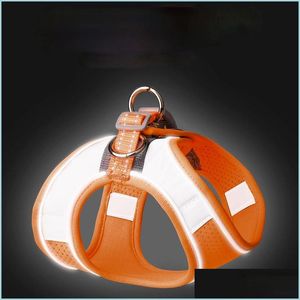 Dog Collars Leashes Fl Night Reflect Light Waistcoat Harness Leash Set Adjustable Breathable Collar Rope Outdoor Metal Rings Leash Dhety