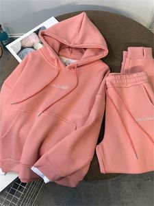 Women s Two Piece Pants Autumn and Winter Suit Thickened Big Velvet Pullover Hooded Sports Leisure Two piece Trousers 221123