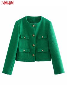 Women's Suits Blazers Tangada Women Fashion Green Tweed Crop Blazer Coat Vintage Long Sleeve Female Outerwear 8Y194 221123