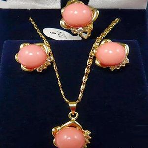 Pink Coral Yellow stone Crystal Pendant Necklace Ring Earrings Set