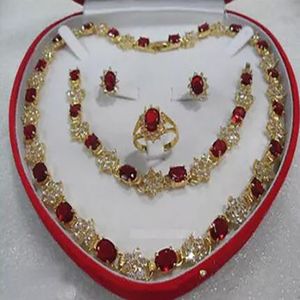 Womens jewelry red ruby gem 18KGP Earring Bracelet Necklace Ring Set