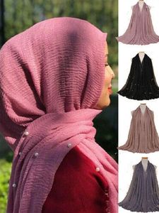 Szaliki muzułmański marszczony hidżab szalik miękka bawełniana chustka na głowę islamskie okłady damskie jednokolorowe wysokiej jakości akcesoria perłowe szale