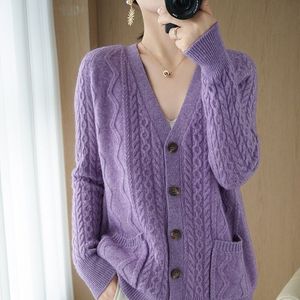 Women's Knits Tees Fashion V-Neck Pockets All-match Casual Knitted Sweaters Clothing Autumn Solid Color Loose Korean Cardigan Coat 221123