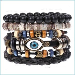 Charm Armbänder 4 Teile/satz Leder Armbänder Evil Charm Eye Mtilayer Wrap Armband Set Armreifen Manschette Armband Männer Mode Schmuck Geschenk Dhbaj