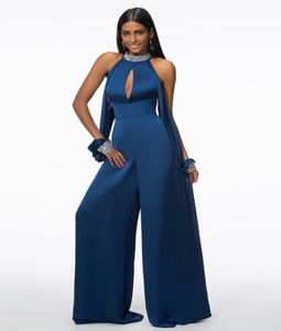 2021 vrouwen unieke marineblauwe jurk modieuze kralen sleutelgat satijnen avondjurken chiffon jumpsuits gala -jurken open mouwen lon