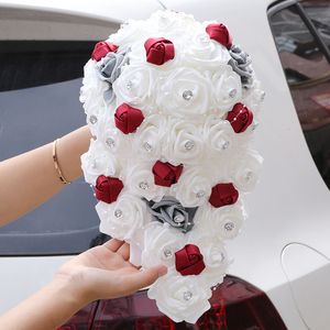 Decorative Flowers Wreaths Big Long Waterfall Wedding Bouquets for Bride and Bridesmaid PE Rose Rhinestones Hand Flower Party Decoration W330PE 221122