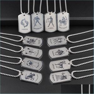 Pendant Necklaces Men Hip Hop Stainless Steel 12 Zodiac Sign Necklace Dog Tags Pendants Charm Star Choker Astrology Necklaces Fashio Dhatd