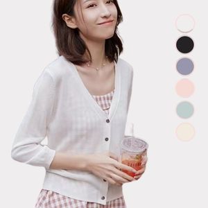 Kvinnors stickor Tees Cardigan Summer Three-Quarter Sleeves Korean Style V-Neck Knit Sweater UV-Cut Ice Silk Top Thin To To Overdimensionera 221123