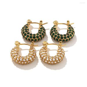 Hoop Earrings French Fashion Versatile 18k Gold Plated Stainless Steel Inlaid Green/White Cubic Zirconia Ring