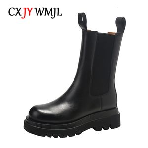 Buty CXJYWMJL Plus Size Oryginalne skórzane kobiety Chelsea Elastic Band Platforma Chimney Boot Ladies Autumn Booties Winter Warm Shoe 221123