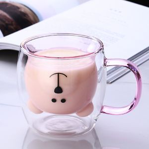 Mugs Creative Cute Bear Coffee Double Glass Cup Animal Doublelayer Milk Juice Tea Mug Lady Valentines Day Christmas Gift 221122