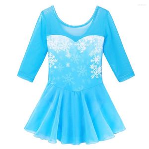 Scene Wear Baohulu Snowflake Print Ballet Dress Blue Seven Quarter Sleeve Dance Costume Practice Performance Gymnastics Leotard f￶r flickor