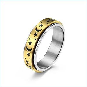 Band Rings Rotable Stainless Steal Engraved Star And Moon Ring Spinner Band Finger For Women Men Love Rose Gold Relieving Anxiety Fa Dhdbw