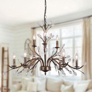 Chandeliers Vintage Bronze For Dining Room Retro Leaf Crystal Lustre Hanging Chandelier Living Bedroom Pendant Lamp