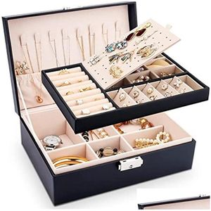 Schmuckschatullen Doppelschichtige Schmuckschatulle Pu-Leder Organizer Display Reise Aufbewahrungsboxen Fall Großer Platzhalter für Ohrringe Neckla Dhawf