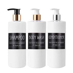 Dispensador de sabão líquido 500 ml branco com rótulos pretos shampoo shampoo lavagem corporal condicionador de garrafa de banho Caso 221123