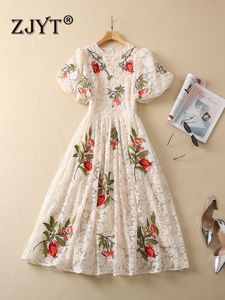 2023 New Runway Fashion Spring Summer Floral Embroidery Lace Dress Women Elegant Lantern Sleeve Midi Holiday Party Vestidos