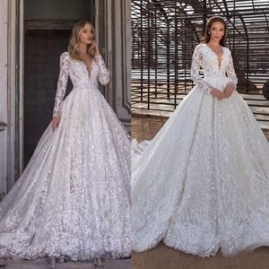 Elegant Ball Gown Wedding Dresses Deep V-neck Long Transparent Lace Sleeves Layered Net Stain with Applicant Chapel Gown Custom Made Plus Size Vestidos De Novia