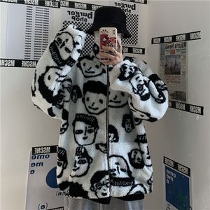 Jackets femininos coreanos harajuku lento bf casaco de estilo fofo imprimindo jaqueta de manga cheia Lambswool Mantenha a roupa quente de zíper 221122