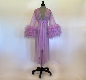 Wraps Light Purple Ostrich Cuff Boudoir Gown Long Sleeve Wedding Sleepwear Bathrobes Nightgowns Robes Bridal Dress Kimono