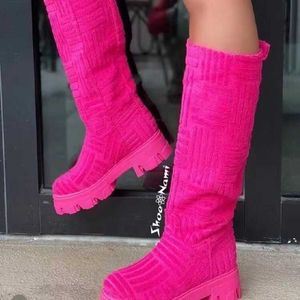 Boots Women Socks Boots 2022 Winter New Large Candy Color Knee High Fly Woven Breathable Long Tube Thick Soled Womens shoes 221123