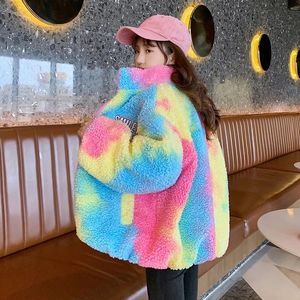 Coat Kids Student Wool for Girls Teenager School Fleece Casaw Rainbow Roupos de Streetwear quente Criando