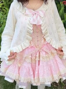 Damen-Strick-T-Shirts, süßes Kawaii-weiches Mädchen, süßer Strickjackenpullover für Oberteile, japanische einfarbige Langarm-Knopf-Lolita-Strickschal 221123